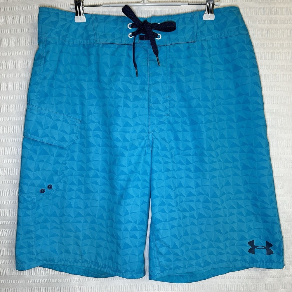 Under Armour Swim Board Shorts Mens 32 Heat Gear Loose Fit Turquoise Geometric